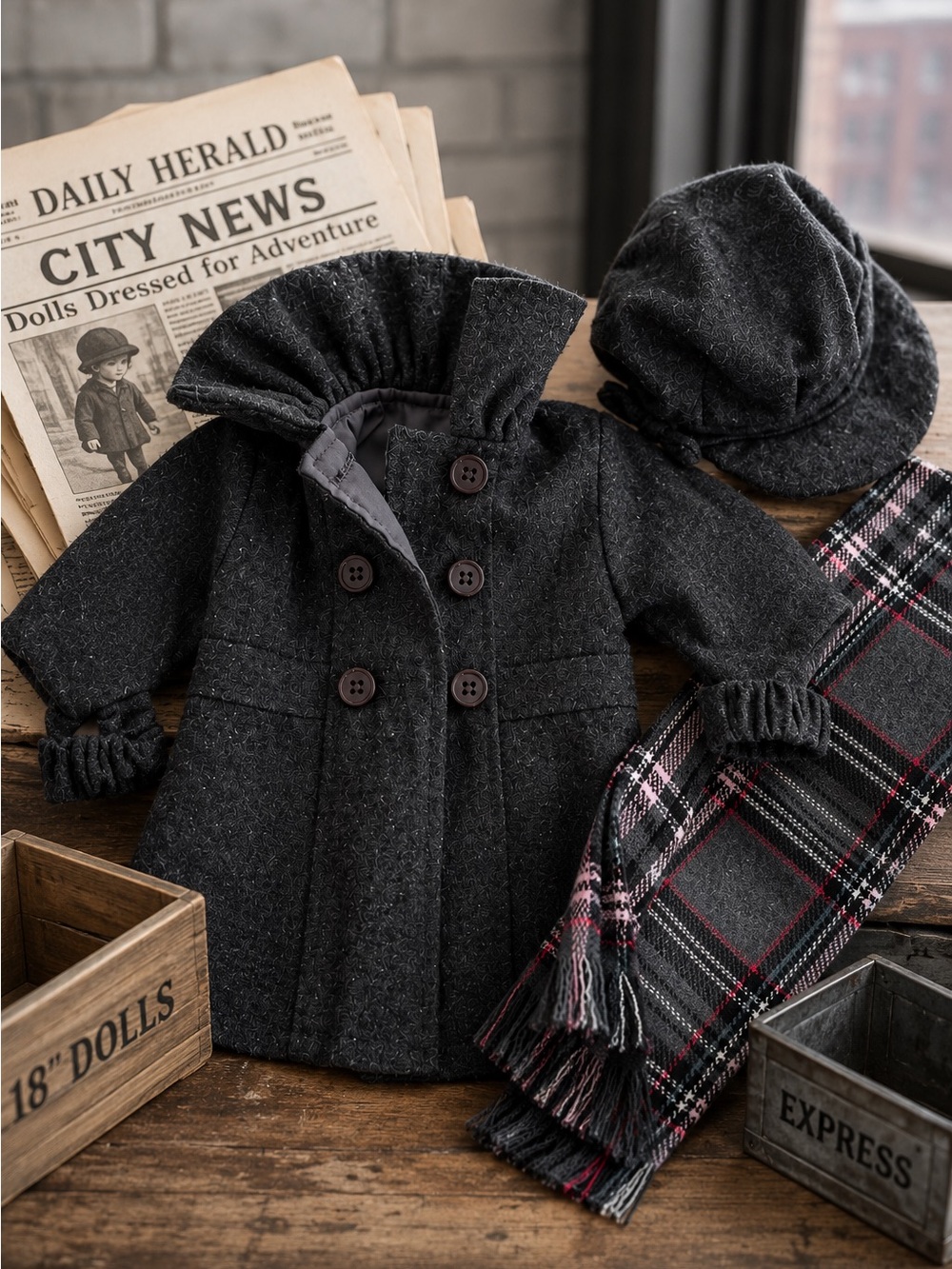 Sophia's 18" Doll Wool Coat Hat Plaid Scarf Winter Outfit Gray Chic Clothing Set